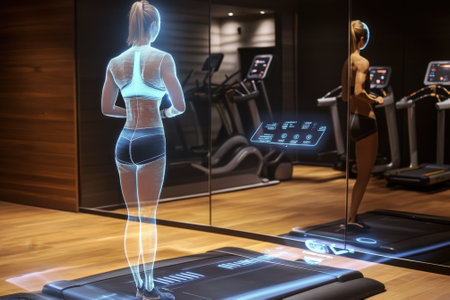 A person stands on a treadmill in a sleek gym, observing holographic fitness metrics displayed next to them.の写真素材
