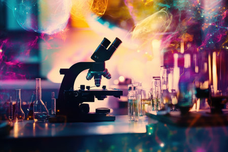 A laboratory setup featuring a microscope surrounded by various glass containers, illuminated with colorful light.の写真素材