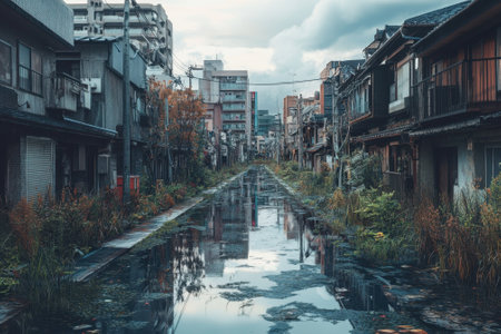 A dilapidated street lined with overgrown vegetation and old buildings reflects in murky water on a cloudy day.の写真素材