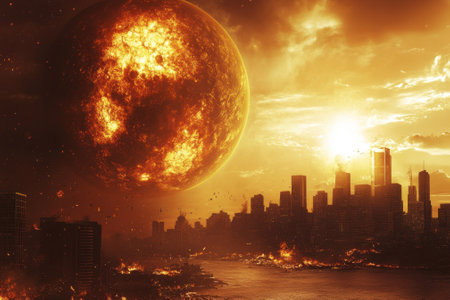 Breathtaking view of a city in ruins with a massive sun setting beyond, casting fiery colors across the sky.の写真素材
