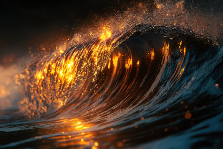 A powerful ocean wave crashes with sparkling golden highlights at sunset, showcasing nature's beauty and energy.の写真素材
