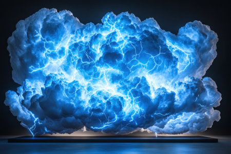 Bright electric clouds surge with blue lightning during a powerful storm, illuminating the dark night sky.の写真素材