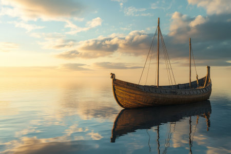 A wooden boat floats gently on smooth waters at sunset, reflecting vibrant colors in the sky.の写真素材