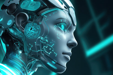 A humanoid robot displays intricate blue and green glowing circuitry, set in a high-tech background.の写真素材