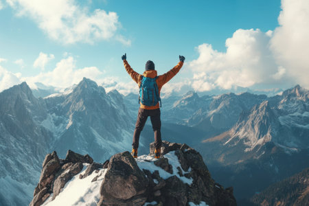 A person stands triumphantly on a rocky summit, surrounded by breathtaking peaks and a clear blue sky.の写真素材