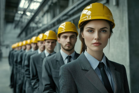 Workers in suits with safety helmets stand in a row in an industrial facility, showing teamwork and professionalism.の写真素材