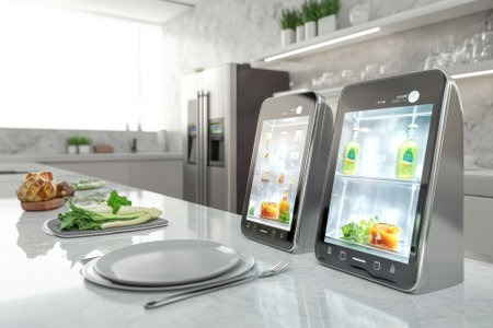 Two innovative kitchen displays showcase fresh food items on a sleek countertop in a contemporary kitchen.の写真素材