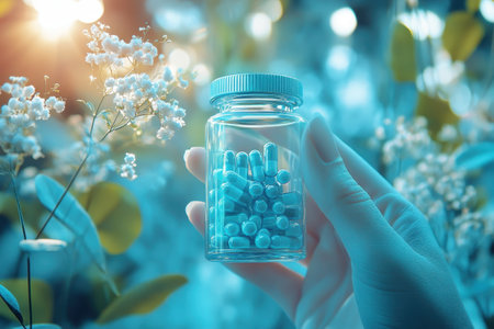 A hand holds a jar of capsules surrounded by delicate flowers as soft light filters through.の写真素材