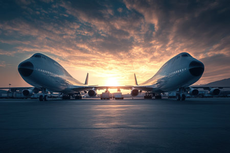 Two classic airplanes sit on the tarmac as the sun sets, casting an orange glow across the clouds.の写真素材