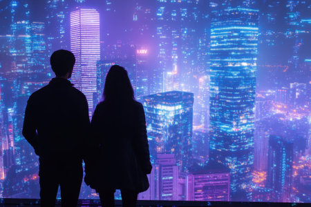 From a high vantage point, a couple admires a dazzling city skyline illuminated by neon lights at night.の写真素材