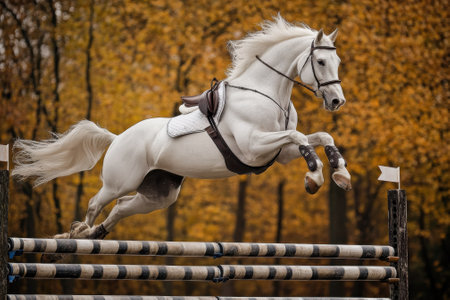 A magnificent white horse leaps gracefully over obstacles in a colorful autumn forest.の写真素材
