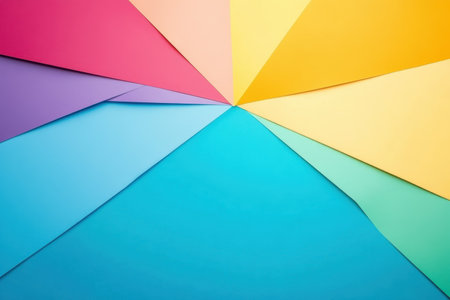 Brightly colored paper sheets are creatively arranged in a geometric pattern, showing a variety of hues.の写真素材