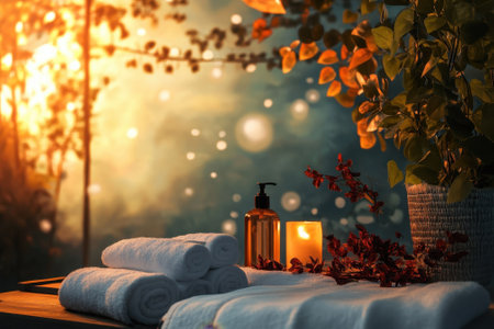 Soft towels and a candle are arranged on a wooden table, creating a soothing atmosphere in a tranquil garden.の写真素材