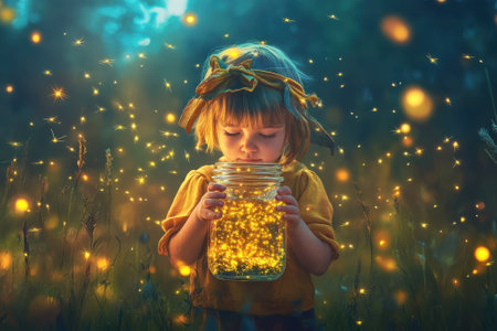 A young girl collects glowing fireflies in a jar as twilight settles in a tranquil meadow filled with light.の写真素材