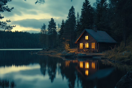 A cozy cabin sits by a peaceful lake under a twilight sky, reflecting warm lights and surrounding nature.の写真素材