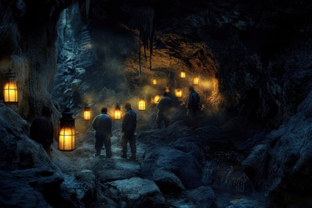 Lanterns light the way as miners navigate through a dark cave, revealing hidden secrets below ground.の写真素材