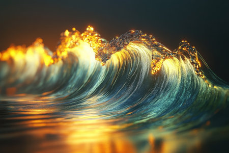 The sun sets, casting golden light on ocean waves, creating an enchanting display of shimmering colors.の写真素材