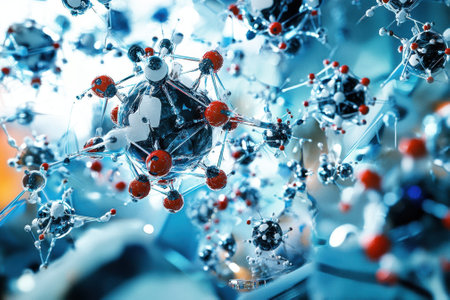 Complex molecular structures are depicted with vibrant colors and intricate details, representing a scientific concept.の写真素材