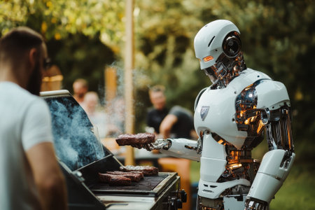 A humanoid robot grills meat at a summer barbecue while friends relax and socialize in the background.の写真素材