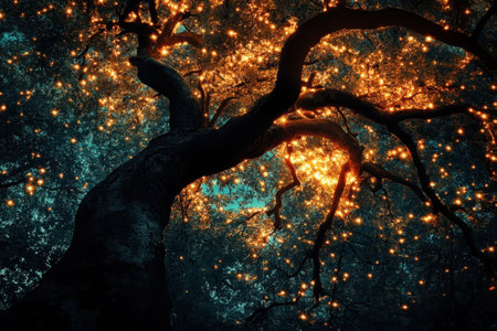A mystical tree illuminated by glowing lights under a dark sky creates a magical atmosphere.の写真素材