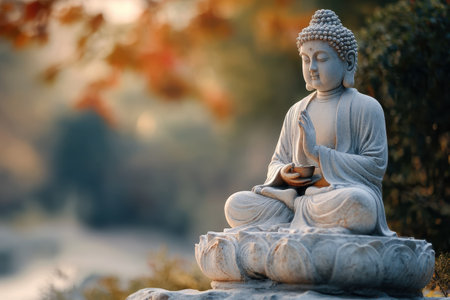 A peaceful Buddha statue sits quietly in a garden, framed by colorful autumn leaves during sunset.の写真素材