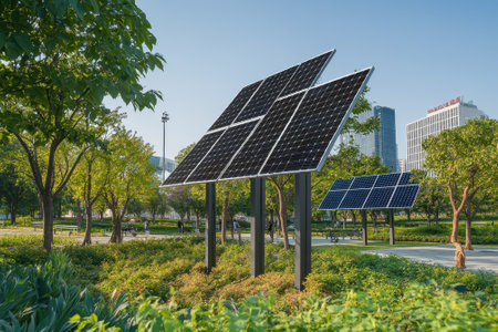 Solar panels are installed in a vibrant urban park, capturing sunlight as people enjoy the outdoor space.の写真素材