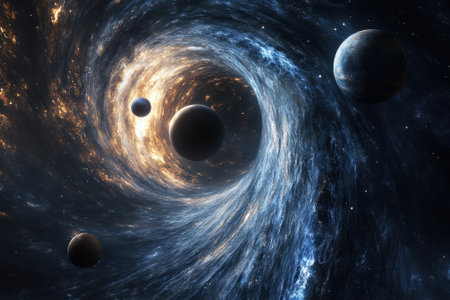 A striking visual of a swirling cosmic vortex surrounded by several planets and glowing stars.の写真素材