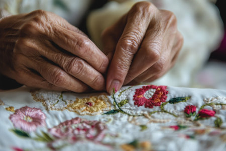 Skilled hands create intricate floral embroidery on soft fabric, showing artistic craftsmanship and patience.の写真素材