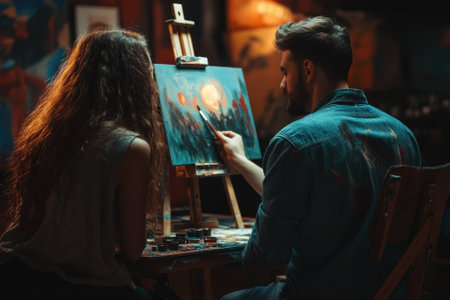 Two artists engage in a creative painting session, immersed in their artwork amidst a warm, inviting studio atmosphere.の写真素材