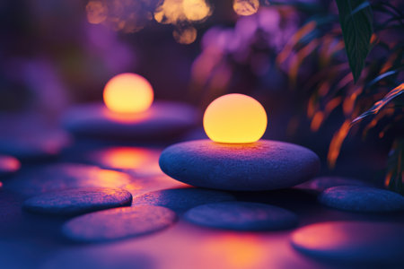 Glowing orbs rest on smooth stones surrounded by foliage, evoking a calm and peaceful evening ambiance.の写真素材