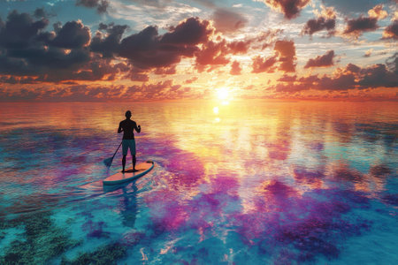 Paddleboarder glides across colorful waters at sunset, surrounded by clouds and reflections in the serene atmosphere.の写真素材