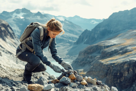 A hiker is focused on stacking stones in a stunning mountainous area under a clear sky, enjoying nature.の写真素材