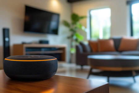A smart speaker on a wooden table in a stylish living room with comfortable seating and warm lighting.の写真素材
