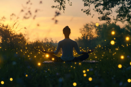 A woman sits cross-legged in a tranquil field at sunset, illuminated by soft glowing lights around her.の写真素材