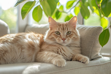 A fluffy ginger cat relaxes on a light-colored sofa amidst lush green leaves in a sunny room.の写真素材