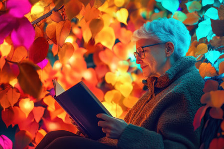 An older individual enjoys a book under vibrant, illuminated leaves during an enchanting evening.の写真素材