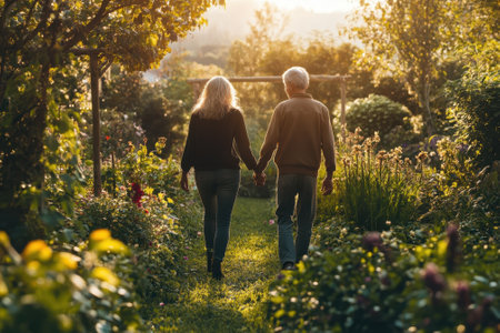 A couple walks hand in hand through a vibrant garden while the sun sets, surrounded by colorful flowers.の写真素材