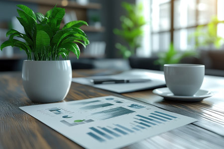 A cozy workspace features graphs, a coffee cup, and vibrant green plants on a wooden table.の写真素材
