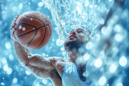 A player executes a powerful dunk, creating splashes with water droplets in a vibrant indoor arena.の写真素材