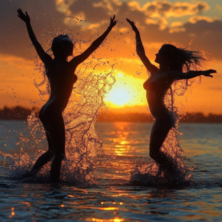 Two people are happily playing in the water as the sun sets, creating a vibrant silhouette against the sky.の写真素材