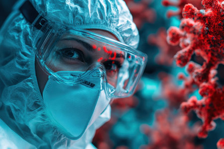 A healthcare professional in full protective gear analyzes samples illuminated by red lighting in a lab.の素材