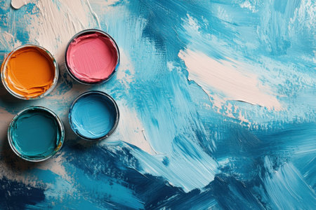 Brightly colored paint cans are placed next to a textured blue canvas, showing artistic potential.の写真素材