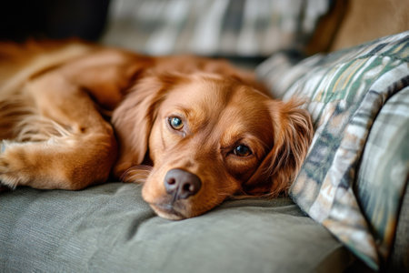 A golden retriever lies comfortably on a couch, enjoying a peaceful moment in a cozy living room.の写真素材