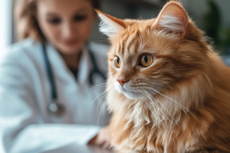 An orange tabby cat sits calmly while a veterinarian conducts an examination in a clinic.の写真素材