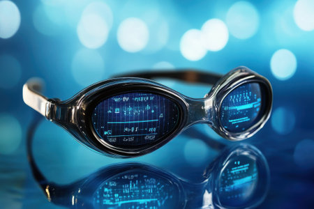 High-tech swimming goggles show digital performance data against a vibrant blue backdrop.の写真素材