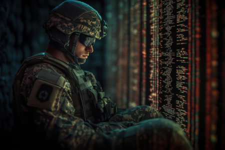 A soldier sits focused, examining complex data projected on a digital display in a dimly lit, futuristic space.の写真素材