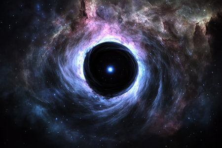 A mesmerizing black hole captivates with swirling cosmic colors and surrounding galactic dust in deep space.の写真素材