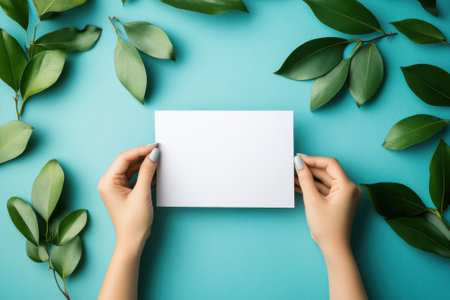 Two hands gently hold a blank white card amid vibrant green leaves on a bright blue surface.の写真素材