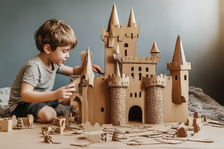 A young boy meticulously assembles a large cardboard castle, showing his imagination and focus.の写真素材