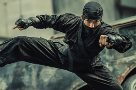 A skilled martial artist wearing all black executes a powerful kick in an abandoned urban environment.の写真素材